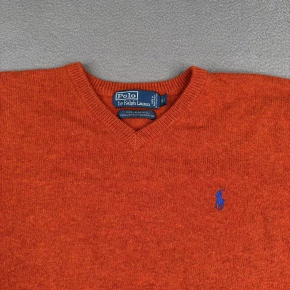 Polo By Ralph Lauren Sweater XL Orange 100% Lambs Wool V Neck Pullover SHRUNK - Picture 2 of 7